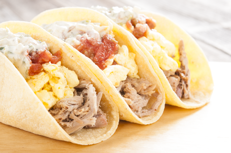 Pulled pork breakfast tacos